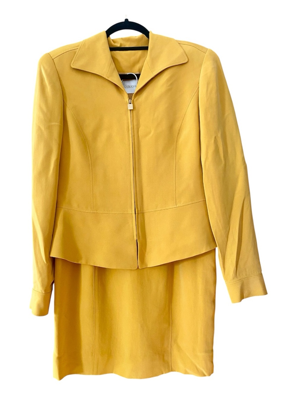 Dana Buchman 100% Silk Mustard Yellow Skirt Suit Set Size 8 Y2K
